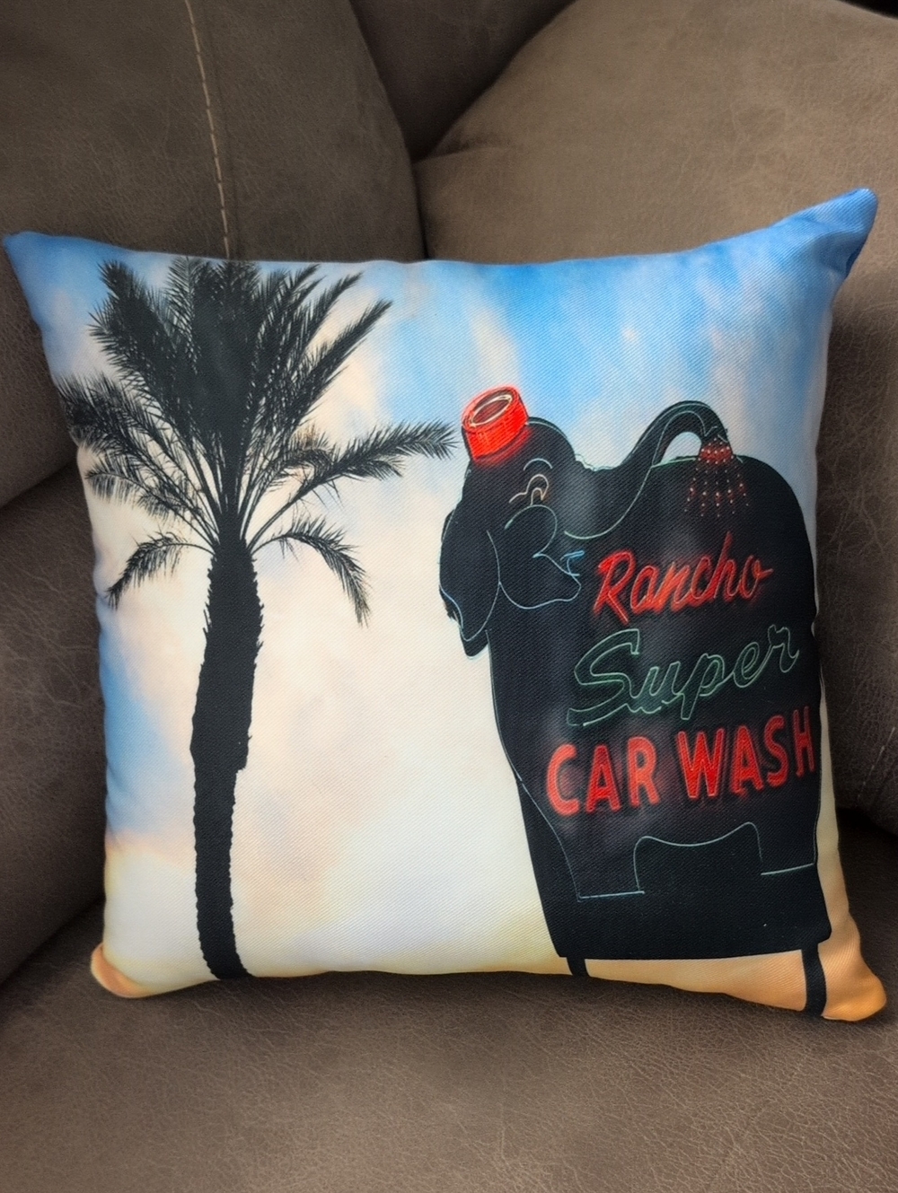 Rancho Mirage Super Car Wash Elephant Neon Pillow - Blue, Black, Red